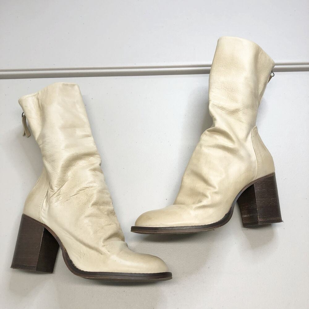 Free People Elle Beige Cream Leather Slouchy Block Heel Booties EU 39 US 8.5